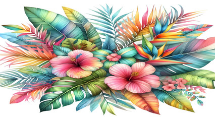 Colorful tropical watercolor spring floral leaves