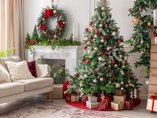 A decorated christmas tree in a living room - ai