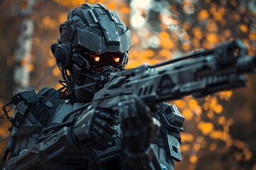 A robot holding a gun in a forest