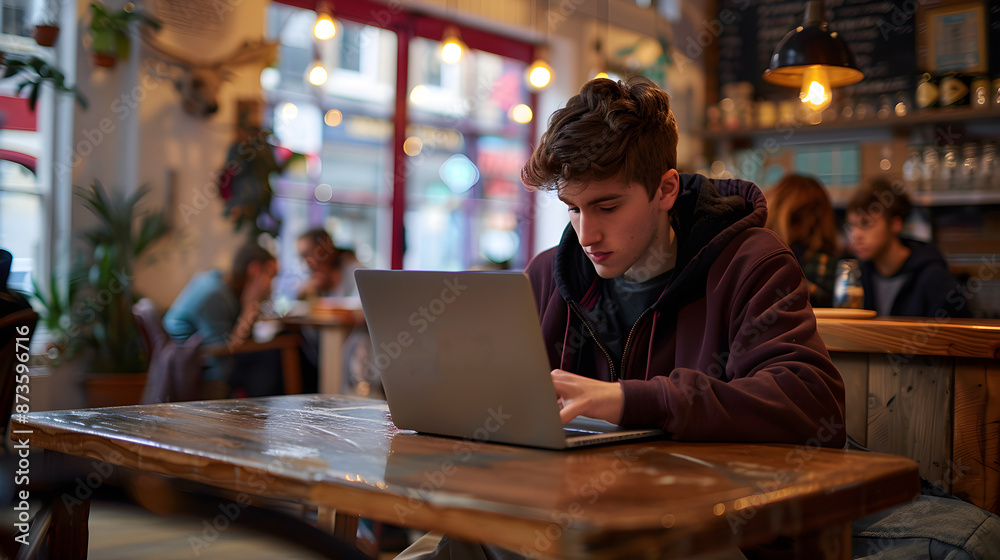 Wall mural a young man using a laptop in a coffee shop