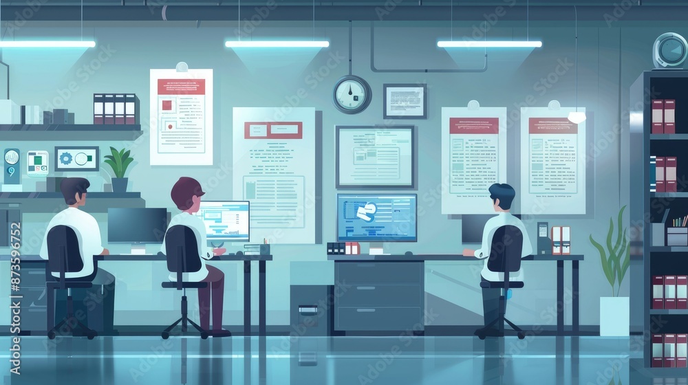 Poster futuristic cybersecurity command center featuring multiple screens, data analytics, and world map in