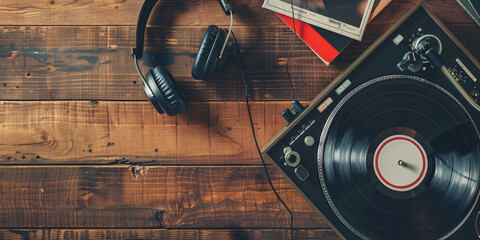 Vinyl Record Player and Headphones on a Wooden Surface