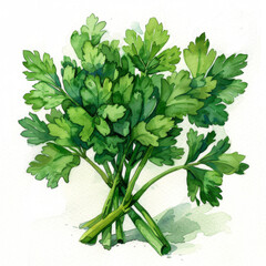 Watercolor illustration of a fresh parsley bunch with vibrant green leaves on a white background.