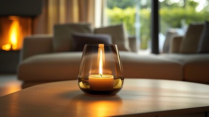 Candle flame in a modern glass holder, sleek design, warm light creating a cozy atmosphere