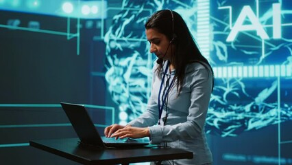 Speaker talking in online webinar, exploring ways AI can positively enhance companies workforce. Presenter promoting artificial intelligence solutions during internet presentation, camera A