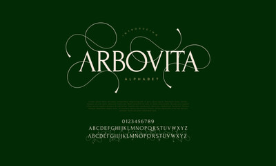 Arbovita premium luxury elegant alphabet letters and numbers. Vintage wedding typography classic serif font decorative vintage retro. creative vector illustration