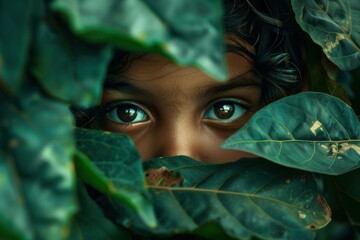 Closeup of a child's eye peering through vibrant green leaves