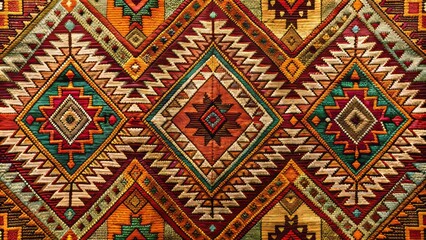 Vibrant textiles featuring intricate Aztec-inspired geometric patterns, rich earth tones, and ornate symbolic motifs on a rustic woven fabric backdrop.