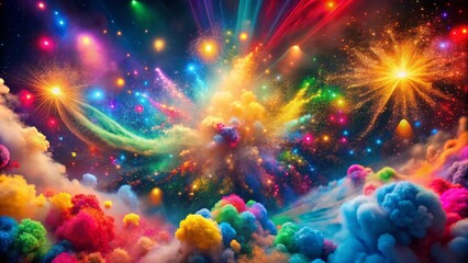 Vibrant, swirling clouds of colorful powder and abstract particles radiate dynamic, rainbow-hued lights, evoking joyous, festive, celebratory atmosphere of vibrant holidays.