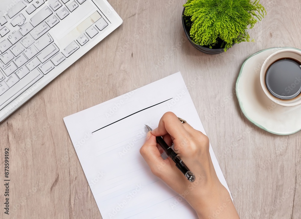 Fototapete a person is using a pen to write on a piece of paper with keywords including tableware, computer key