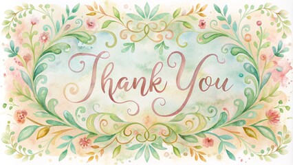Elegant hand-drawn watercolor illustration of vintage-style thank you card with soft pastel colors and ornate calligraphic script design.