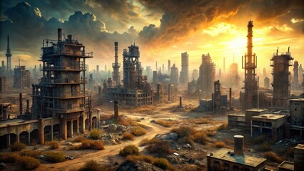 Obraz premium Desolate ruins of a once-thriving city, now a barren wasteland of twisted metal, ravaged concrete, and toxic radioactive haze.