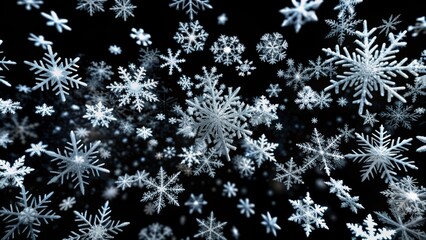 Delicate intricately shaped white snowflakes gently fall in darkness, isolated on a black background, simulating winter storm atmosphere.