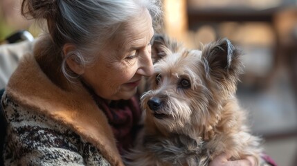 Female caregiver showing cute dog to senior woman in wheelchair