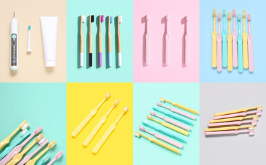 Set of toothbrushes and paste on color background