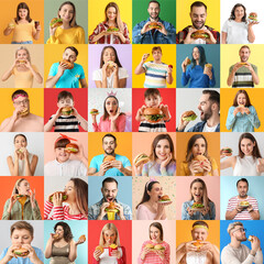 Collage of many people with tasty burgers on color background