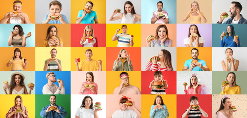 Collage of many people with tasty burgers on color background