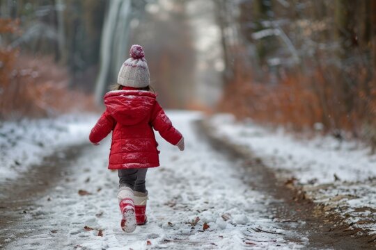 Back view of a young child in a red jacket exploring a snowy path through a tranquil forest