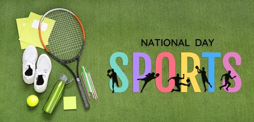 Sports equipment on green background. Banner for National Sports Day
