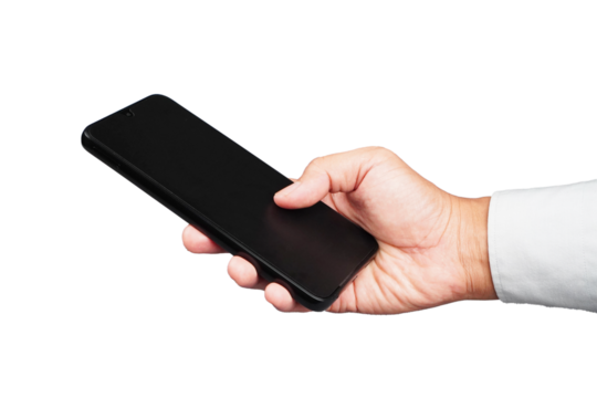 Male holding phone isolated transparent