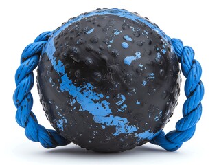 Medicine ball with handles, textured surface, black and blue, isolated on white background