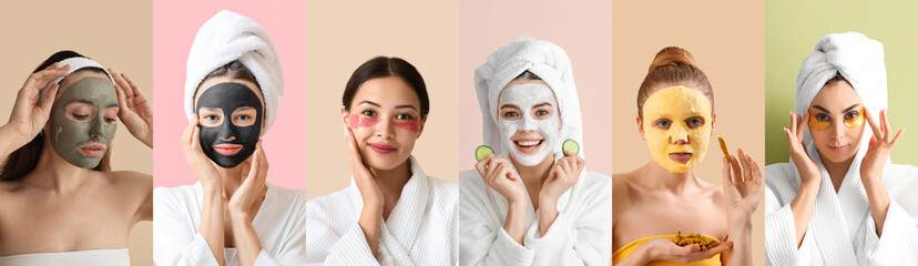 Set of beautiful women with facial masks on color background