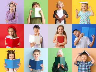 Collage of many children with books on color background