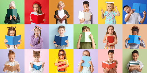 Collage of many children with books on color background