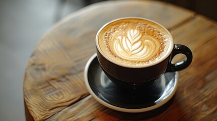 A beautifully crafted cup of coffee featuring intricate latte art, set on a stylish table.