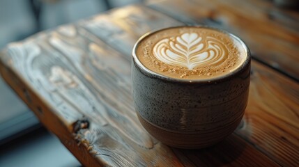 A beautifully crafted cup of coffee featuring intricate latte art, set on a stylish table.