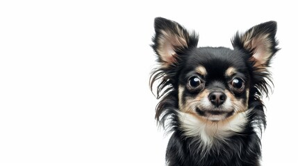 Cute chihuahua dog smiling at camera on white background isolated, pet concept