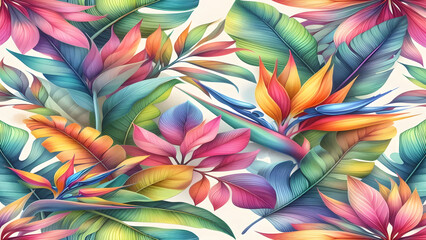 Colorful tropical watercolor spring floral leaves