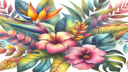 Colorful tropical watercolor spring floral leaves