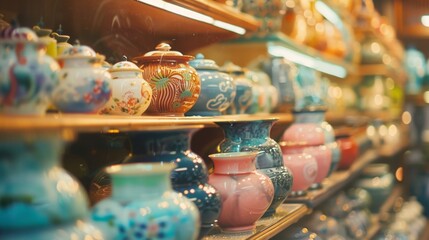 Obraz premium Assorted ceramic vases on display in a store