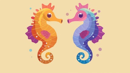 Obraz premium Colorful seahorses facing each other with vibrant patterns on a beige background, creating a whimsical marine illustration.