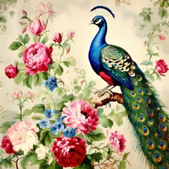 an ai generated image, peacock portrait on background of flowers vintage