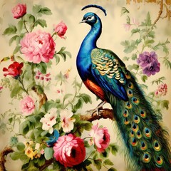an ai generated image, peacock portrait on background of flowers vintage