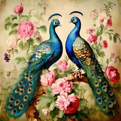an ai generated image, peacock portrait on background of flowers vintage