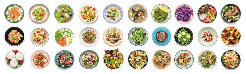 Set of many different salads isolated on white, top view