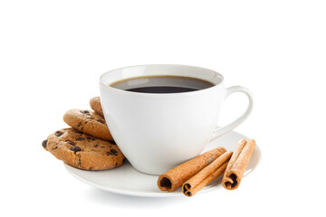 Cup of tasty coffee with cinnamon and cookies on white background