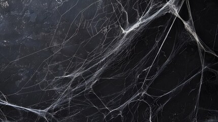 Real creepy spider webs on black banner