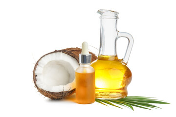 Decanter and bottle of coconut cosmetic oil isolated on white background