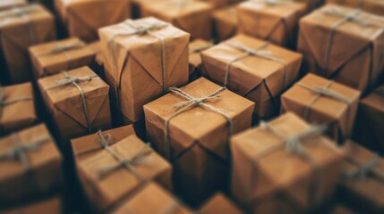 Brown paper packages tied with string in a warm setting