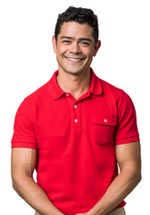 Fototapeta premium Hispanic man in his 30s wearing a red polo shirt job uniform, smiling warmly, exuding confidence and friendliness
