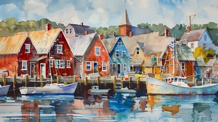 Fototapeta premium Paint a lively coastal town, with charming houses, fishing boats, and a bustling harbor all brought to life with vibrant watercolor washes.