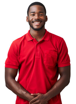 Black man in his 30s wearing a red polo shirt as job uniform, smiling confidently, exuding friendliness
