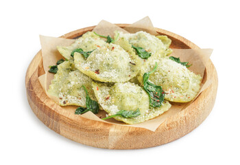 Plate of tasty ravioli with cheese on white background