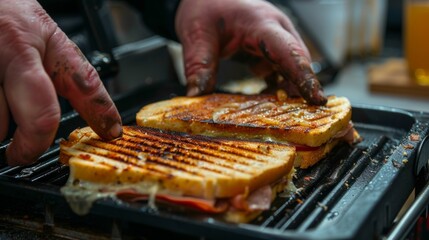 A hand reaches out towards the panini press handle ready to lift it and check on the progress of a melting cheese and ham sandwich inside.