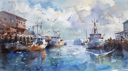 Obraz premium Paint a lively harbor scene, with fishing boats, seagulls, and the activity of people working by the water, all captured in the soft, fluid strokes of watercolor.