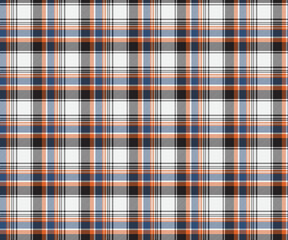 Plaid pattern, white, black, blue, orange, seamless pattern for textiles and design clothing, skirts, pants, aprons, tablecloths, blankets or decorative fabrics. Vector illustration.